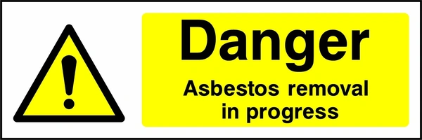 Yellow and black sign with an exclamation mark warning symbol and Danger — Asbestos removal in progress wording. CONS0054 artwork.