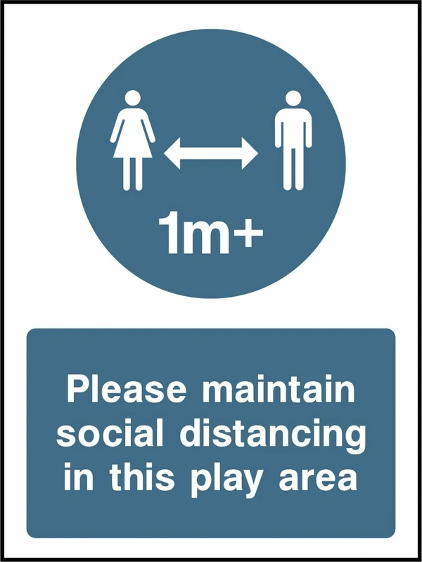 Please maintain social distancing in this play area — 1m+. the blue instruction panel, symbols and any yellow header shown. Artwork COVI0009.