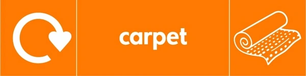 Carpet collection-point artwork with a white recycling arrow, item illustration and wording on orange. OTHE0021.