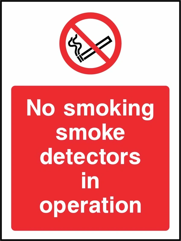 No smoking — Smoke detectors in operation sign. red prohibition pictogram above a red wording panel. Artwork SMOK0062.