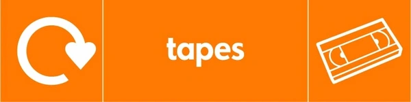 Tapes collection-point artwork with a white recycling arrow, item illustration and wording on orange. OTHE0029.