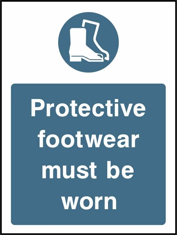 Protective footwear must be worn sign showing blue protective boot pictogram above wording. Artwork PPE0040.