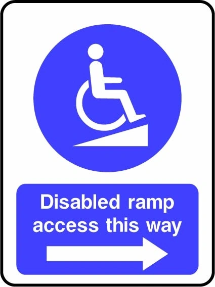 Disabled ramp access this way — Right arrow sign showing blue wheelchair-on-ramp pictogram with right arrow. Artwork DDA0009.