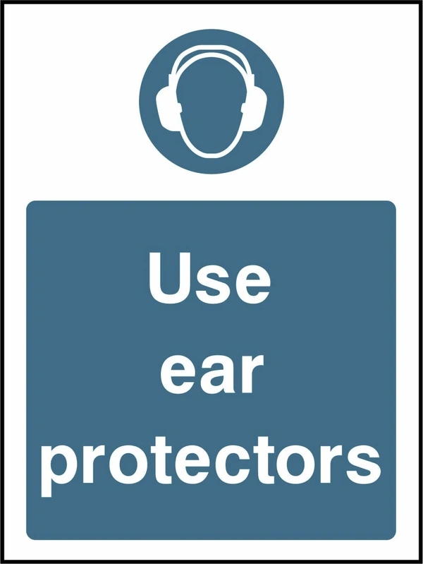 Use ear protectors sign showing blue ear defenders pictogram above wording. Artwork PPE0033.