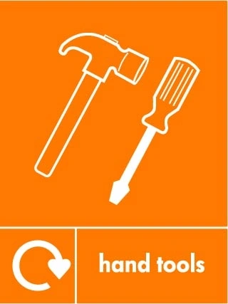 Hand tools collection-point artwork with a white recycling arrow, item illustration and wording on orange. OTHE0036.