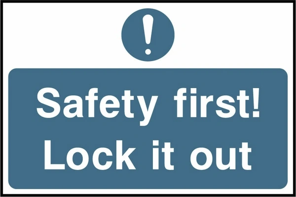 Safety first! Lock it out. a blue instruction panel and mandatory symbol. Artwork LOCK0001.