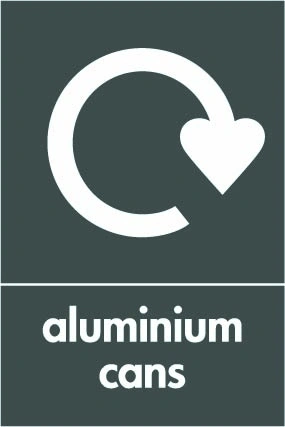 Aluminium cans recycling sign showing white recycling arrow and wording on a dark grey portrait panel. Artwork META0034.