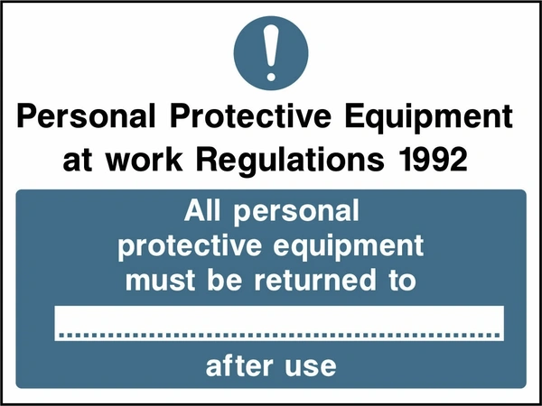 Personal Protective Equipment at work Regulations 1992 — All personal protective equipment sign showing mandatory equipment-reporting or return instruction panel. Artwork PROT0018.
