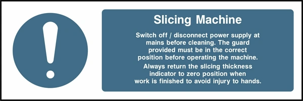 Slicing machine — Cleaning and blade safety instructions. Food processing sign artwork FOOD0068.