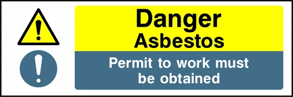 Danger — Asbestos — Permit to work must be obtained. Stacked message panels. Artwork MULT0024.