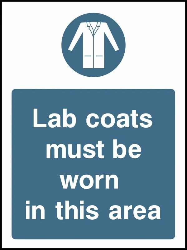Lab coats must be worn in this area sign showing blue mandatory protective-equipment pictogram and wording. Artwork PROT0011.