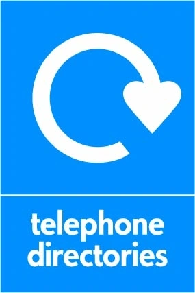 Telephone directories recycling sign showing white recycling arrow and wording on a blue portrait panel. Artwork PAPE0030.