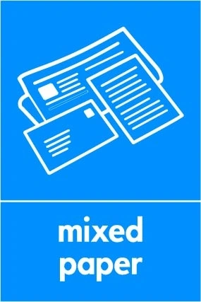 Mixed paper recycling sign showing white material illustration and wording on a blue portrait panel. Artwork PAPE0035.