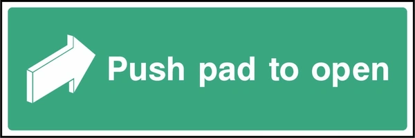 Green and white Push pad to open sign showing a push arrow. Artwork EMER0043.