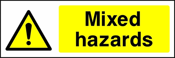 Mixed hazards sign with yellow triangular exclamation mark pictogram beside wording. Artwork CHEM0032.