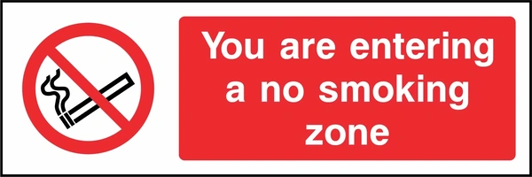 You are entering a no smoking zone sign. red cigarette or naked-flame prohibition pictogram beside a red wording panel. Artwork SMOK0008.