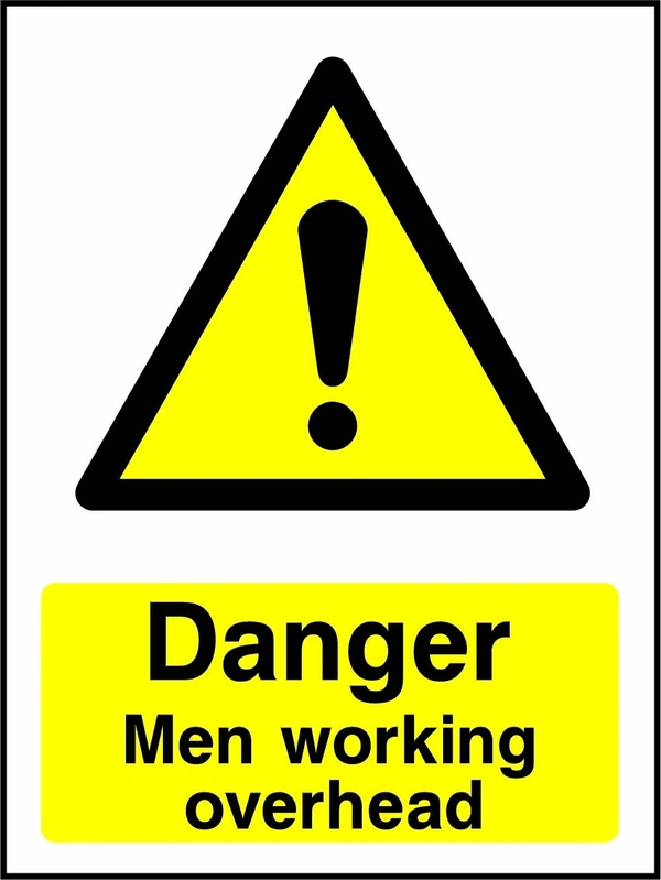 Danger — Men working overhead sign showing yellow exclamation warning pictogram above wording. Artwork GENE0049.