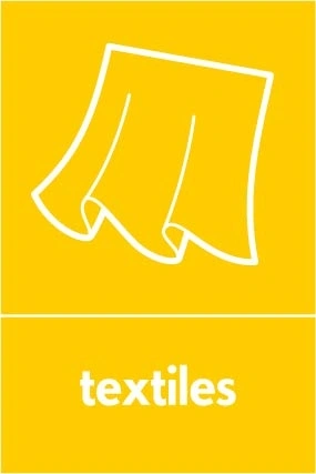 Textiles recycling sign showing white textile illustration and wording on a yellow portrait panel. Artwork TEXT0020.