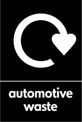 Automotive waste recycling sign showing recycling arrow with white wording on black. Artwork AUTO0011.