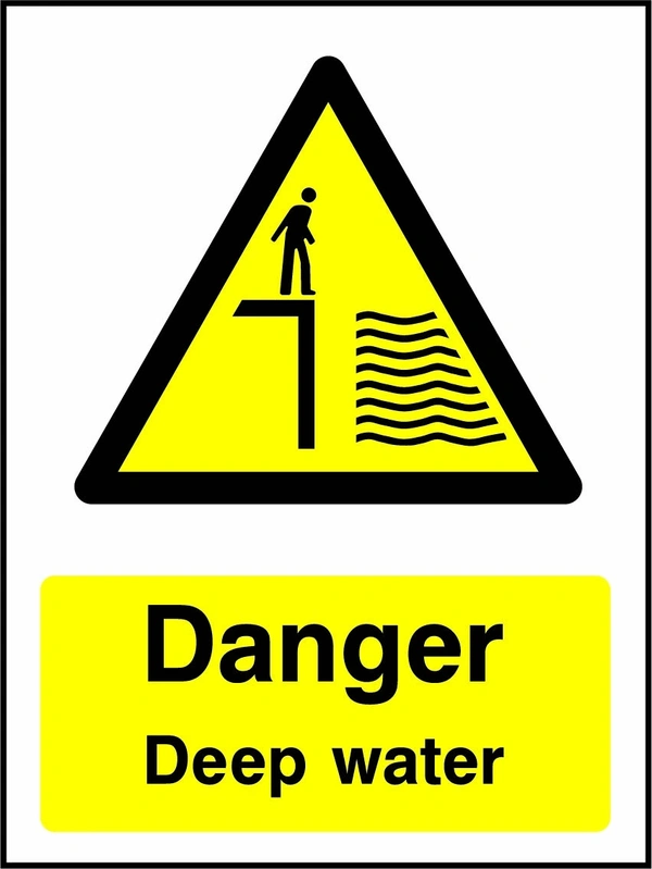 Danger — Deep water sign showing yellow deep-water hazard warning pictogram above wording. Artwork GENE0055.