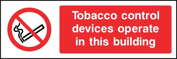 Tobacco control devices operate in this building sign. red cigarette or naked-flame prohibition pictogram beside a red wording panel. Artwork SMOK0029.