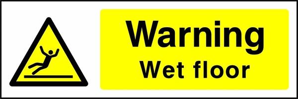 Warning — Wet floor sign showing yellow slipping person warning pictogram beside wording. Artwork GENE0017.