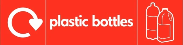 Plastic bottles recycling sign showing white recycling arrow and plastic illustration and wording on a red letterbox panel. Artwork PLAS0014.