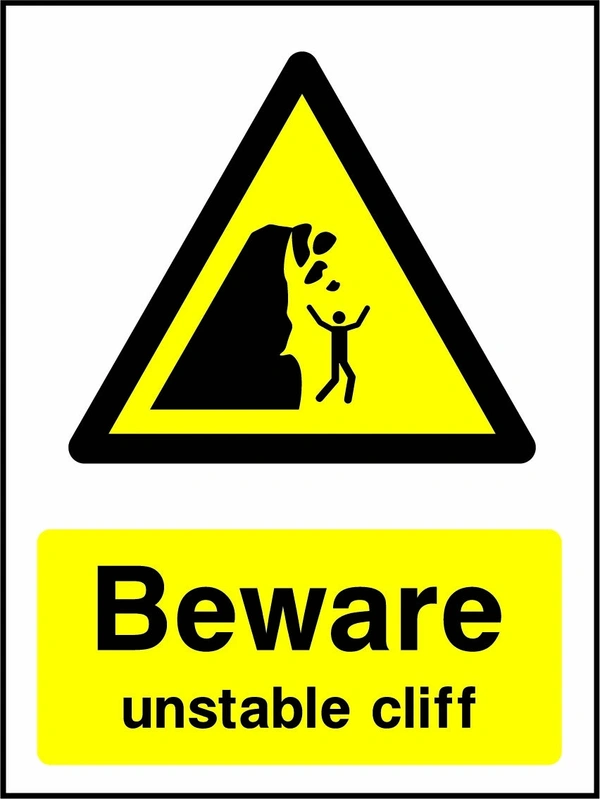 Beware — Unstable cliff sign showing a yellow warning triangle above the printed water or coastal hazard message. Artwork WATE0047.