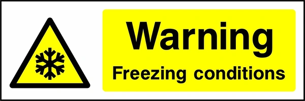 Warning — Freezing conditions sign showing yellow snowflake warning pictogram beside wording. Artwork GENE0039.