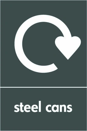 Steel cans recycling sign showing white recycling arrow and wording on a dark grey portrait panel. Artwork META0042.
