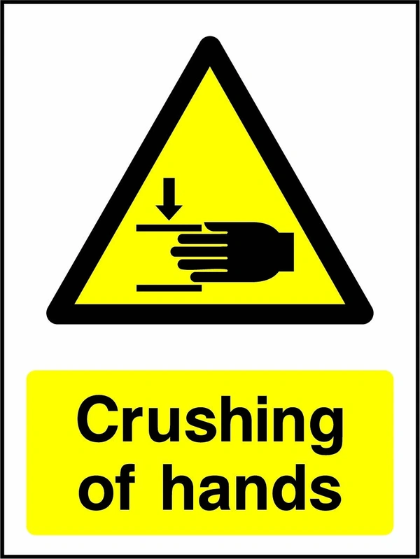 Crushing of hands sign showing yellow hand crushing warning triangle above wording. Artwork MACH0026.