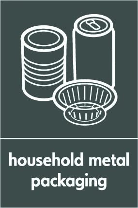 Household metal packaging recycling sign showing white material illustration and wording on a dark grey portrait panel. Artwork META0049.