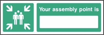 Your assembly point is sign showing assembly symbol and blank location panel. Artwork EMER0093.