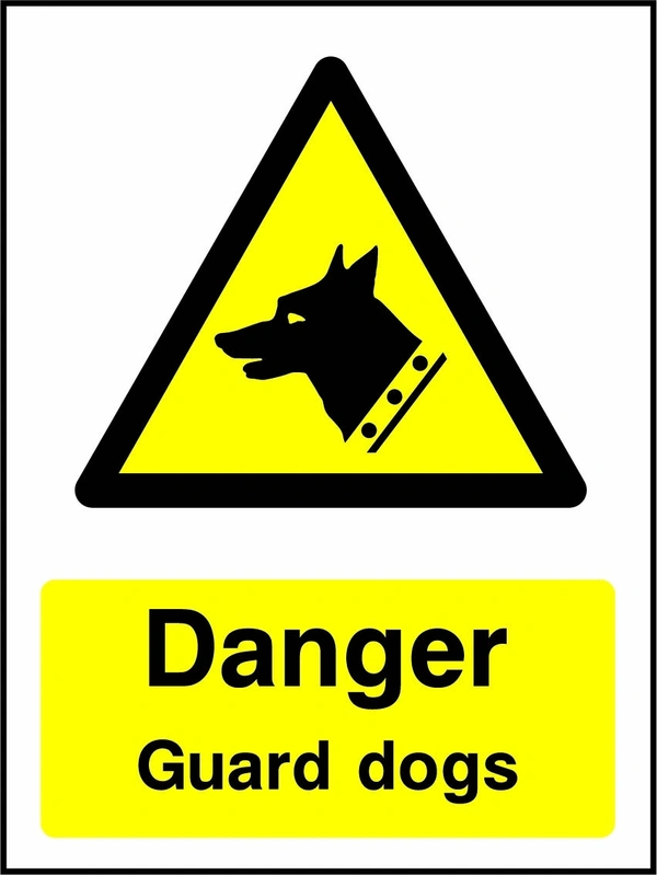 Danger — Guard dogs sign showing yellow guard dog warning pictogram above wording. Artwork GENE0080.