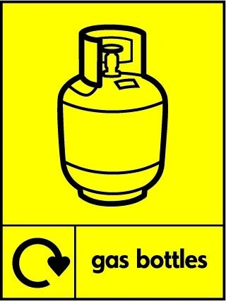 Gas bottles sign showing black pictogram and wording on a yellow panel with a circular recycling arrow. Artwork HAZA0010.