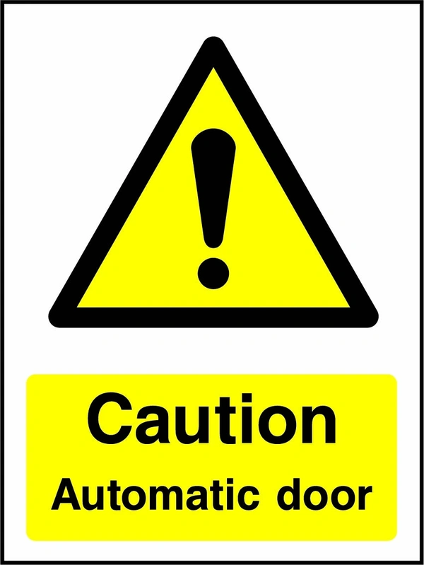 Caution — Automatic door sign showing yellow exclamation warning pictogram above wording. Artwork GENE0057.
