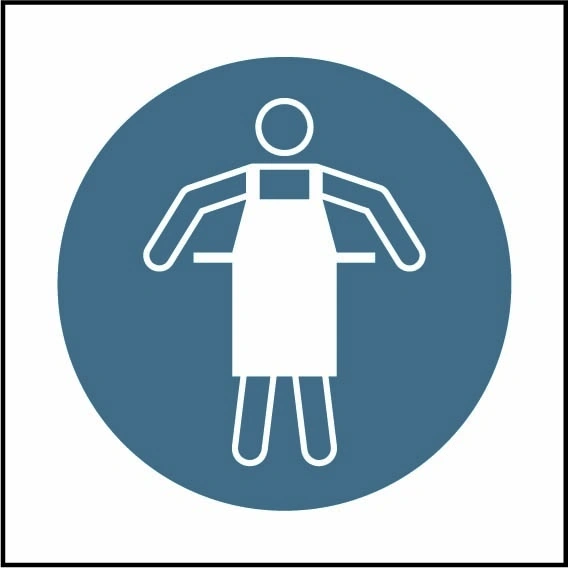Wear protective apron pictogram sign showing blue protective apron pictogram without wording. Artwork PPE0059.