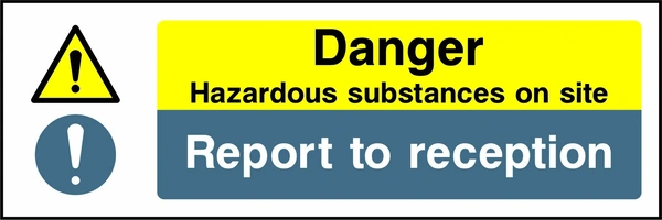 Danger — Hazardous substances on site — Report to reception sign with combined yellow warning and blue mandatory instruction panels. Artwork CHEM0091.