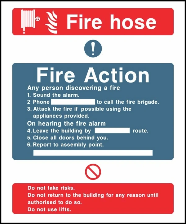 Fire hose — Fire Action printed notice with the original action instructions and layout. Artwork FACT0005.
