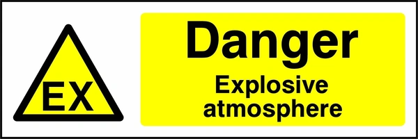 Danger — Explosive atmosphere sign with yellow triangular EX atmosphere pictogram beside wording. Artwork CHEM0038.