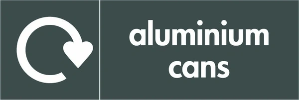 Aluminium cans recycling sign showing white recycling arrow and wording on a dark grey letterbox panel. Artwork META0002.