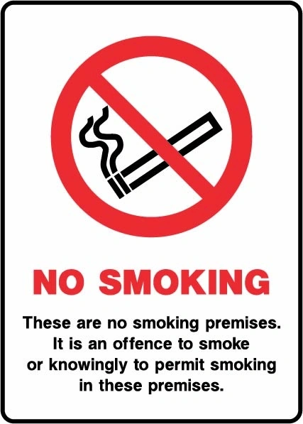 No Smoking — These are no smoking premises — It is an offence to smoke or permit smoking sign. red no-smoking pictogram with black and red wording in a rounded border. Artwork SMOK0080.