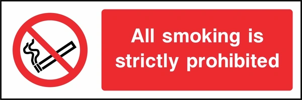 All smoking is strictly prohibited sign. red cigarette or naked-flame prohibition pictogram beside a red wording panel. Artwork SMOK0026.