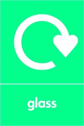 Glass recycling sign showing recycling arrow and wording on a bright green portrait panel. Artwork GLAS0032.
