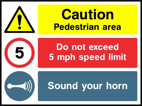 Caution — Pedestrian area — Do not exceed 5 mph speed limit — Sound your horn sign showing the supplied warning, instruction and information panels. Artwork GARA0026.