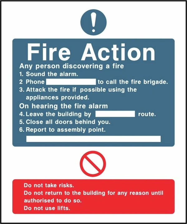 Fire Action printed notice with the original action instructions and layout. Artwork FACT0003.