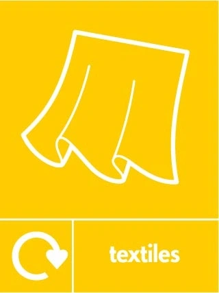 Textiles recycling sign showing white recycling arrow and textile illustration and wording on a yellow portrait panel. Artwork TEXT0024.