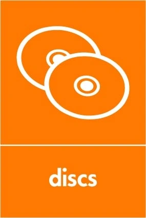 Discs collection-point artwork with a white item illustration and wording on orange. OTHE0054.