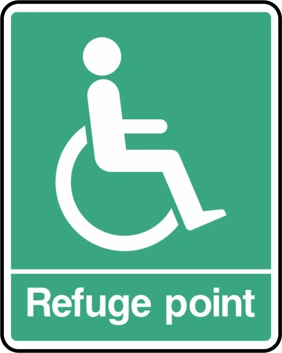 Refuge point sign showing white wheelchair symbol above green refuge-point wording with rounded border. Artwork DDA0024.