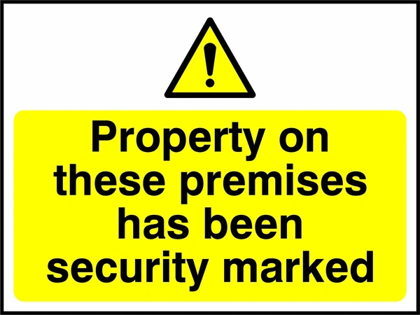 Property on these premises has been security marked sign. yellow pictogram and text panel. Artwork SECU0060.
